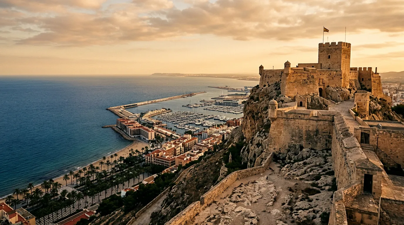 Zamek Santa Bárbara na szczycie wzgórza Benacantil nad Alicante, wapienne mury na tle Morza Śródziemnego, palmy wzdłuż Explanady widoczne w dole, późnopopołudniowe ciepłe światło, warm golden-hour Mediterranean light, sandstone-indigo-terracotta palette, cinematic