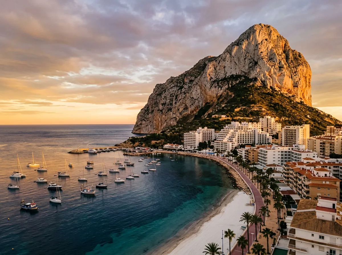 Skała Peñón de Ifach w Calpe wystająca prosto z Morza Śródziemnego, promenada i białe budynki kurortu u jej stóp, zatoka La Fossa z łodziami na kotwicach, golden hour nad Costa Blanca, warm Mediterranean light, sandstone-indigo-terracotta palette, cinematic