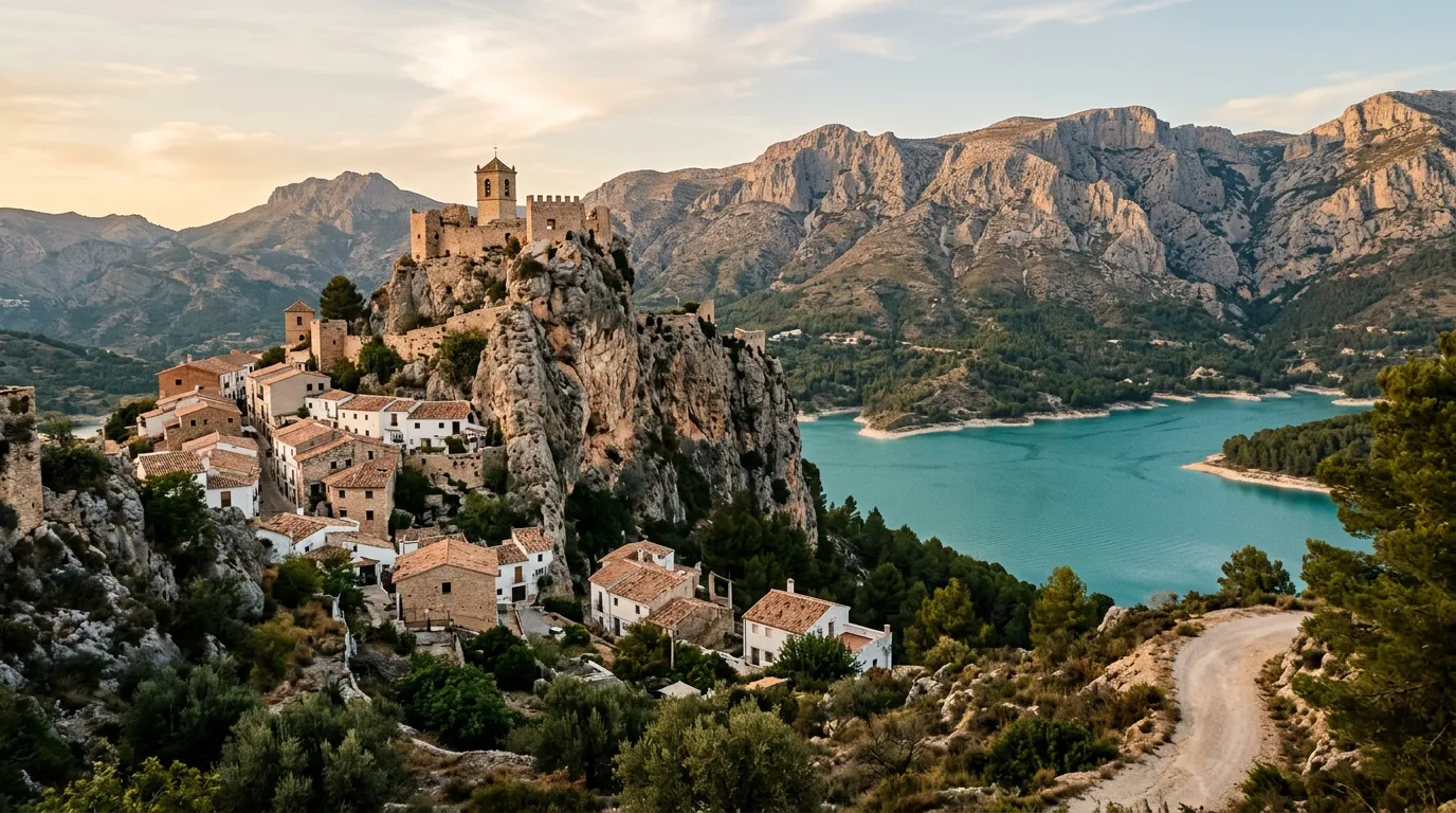 Wioska Guadalest wbudowana w iglicę skalną nad turkusowym jeziorem Guadalest, ruiny zamku na szczycie, wapienne skały Sierra de Aitana, late afternoon, warm Mediterranean light, sandstone-indigo-terracotta palette, cinematic