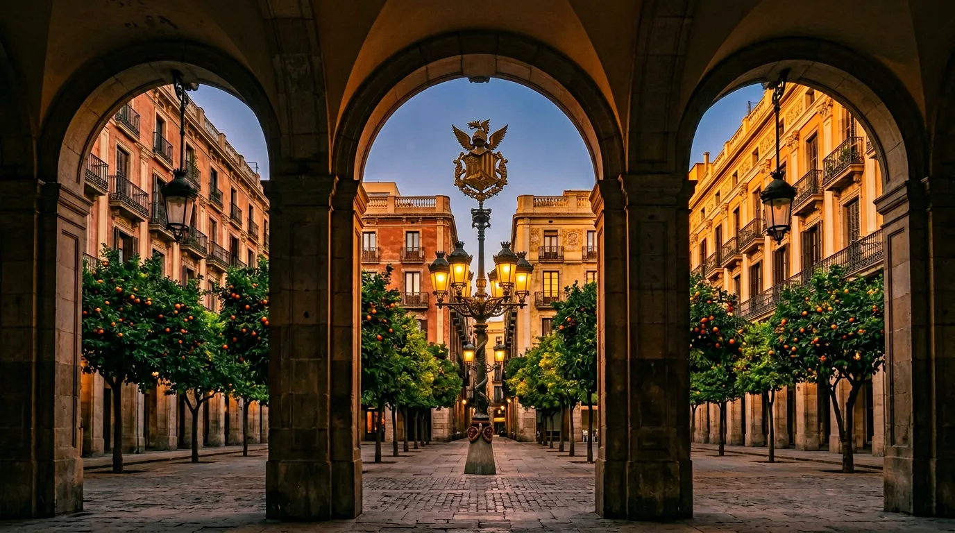 Arkadowy dziedziniec Plaça Reial w Barcelonie widziany z cienia kolumnady, pomarańczowe drzewa na placu, latarnie Gaudiego, wieczorne słońce padające na fasady w warm golden-hour Mediterranean light, sandstone-indigo-terracotta palette, cinematic