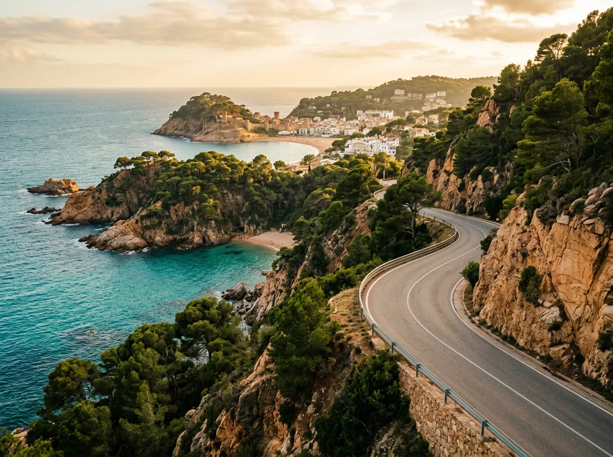 Zakręt drogi GI-682 nad zatoką Cala Pola na Costa Brava, turkusowe morze pod klifem, piniowy las schodzący do wody, białe domki Tossa de Mar w tle, golden hour, Mediterranean light, sandstone-indigo-terracotta palette, cinematic