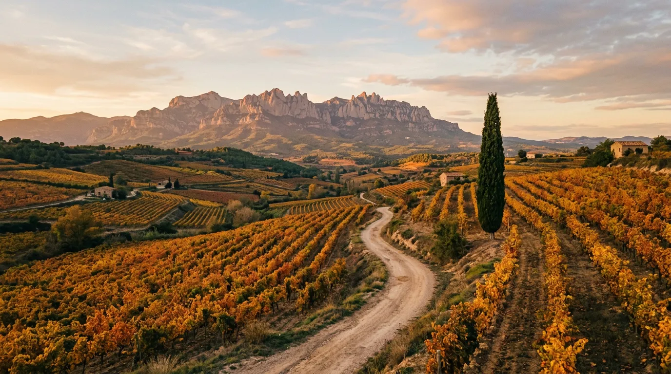 Winnice regionu Penedès jesienią, rzędy winorośli schodzące do Montserrat w tle, pomarańczowe i żółte liście, polna droga i samotny cyprys, późnopopołudniowe słońce, warm Mediterranean light, sandstone-indigo-terracotta palette, cinematic