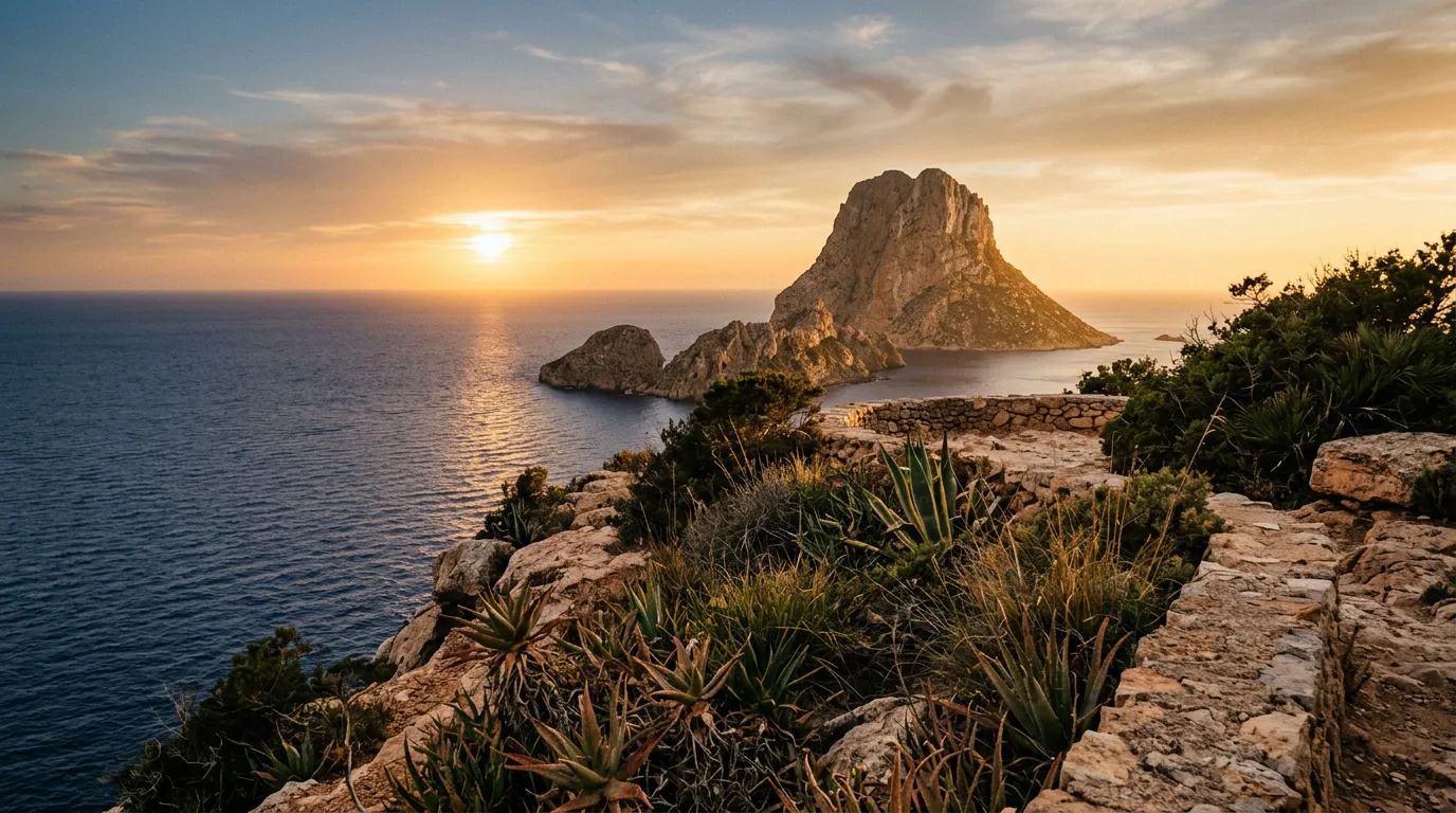 Skała Es Vedrà wystająca z Morza Balearskiego widziana z tarasu Torre des Savinar na Ibizie, dzikie sukulenty i suche krzewy na klifie w foregroundzie, zachód słońca nad wodą, warm golden-hour Mediterranean light, sandstone-indigo-terracotta palette, cinematic