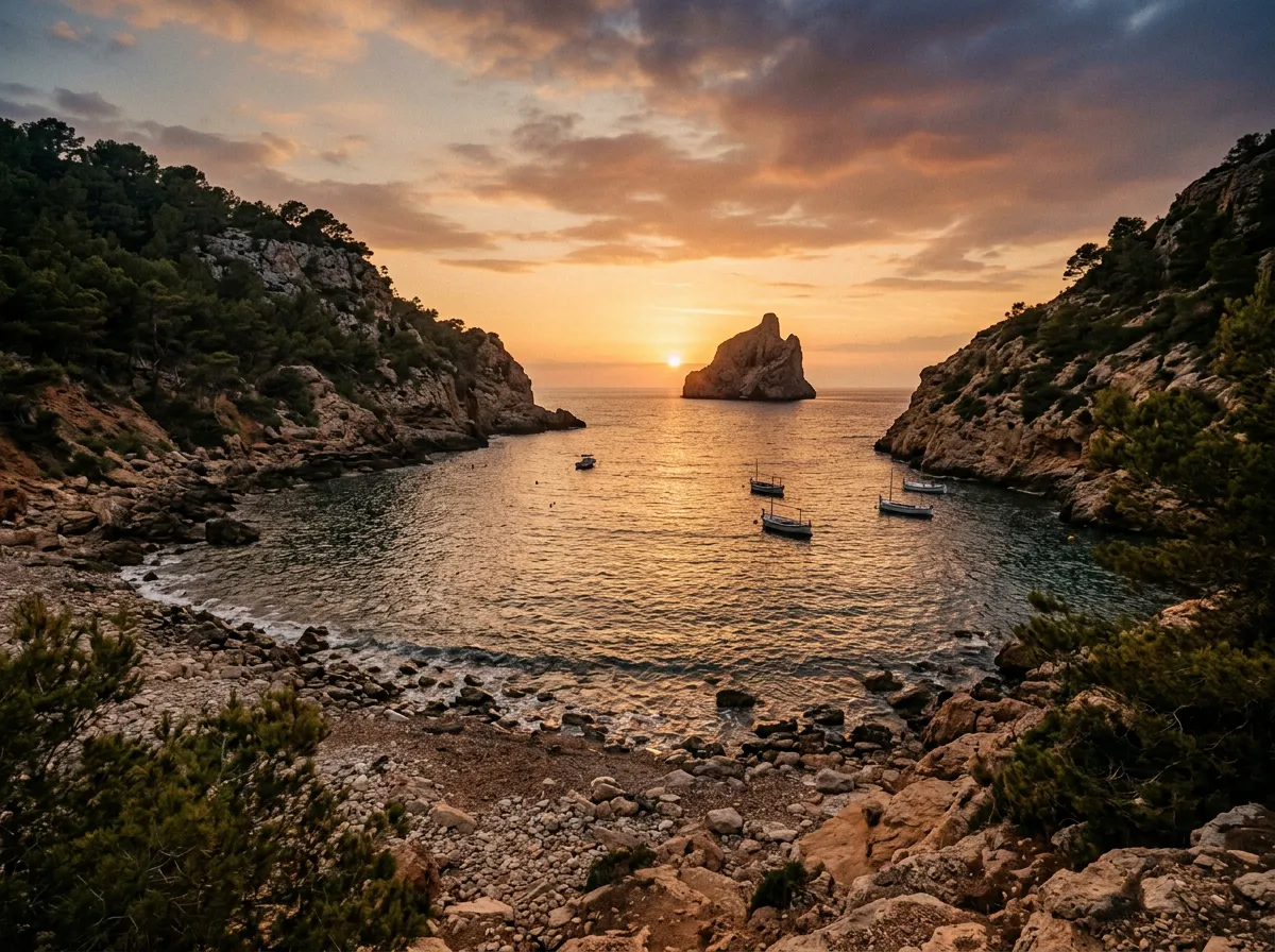 Zatoka Cala Benirras na północnym wybrzeżu Ibizy o zachodzie słońca, kamienista plaża wcinająca się w wapienne klify, skała Cap Bernat wyłaniająca się z Morza Balearskiego, sosny alepskie na zboczach, warm golden-hour Mediterranean light, sandstone-indigo-terracotta palette, cinematic