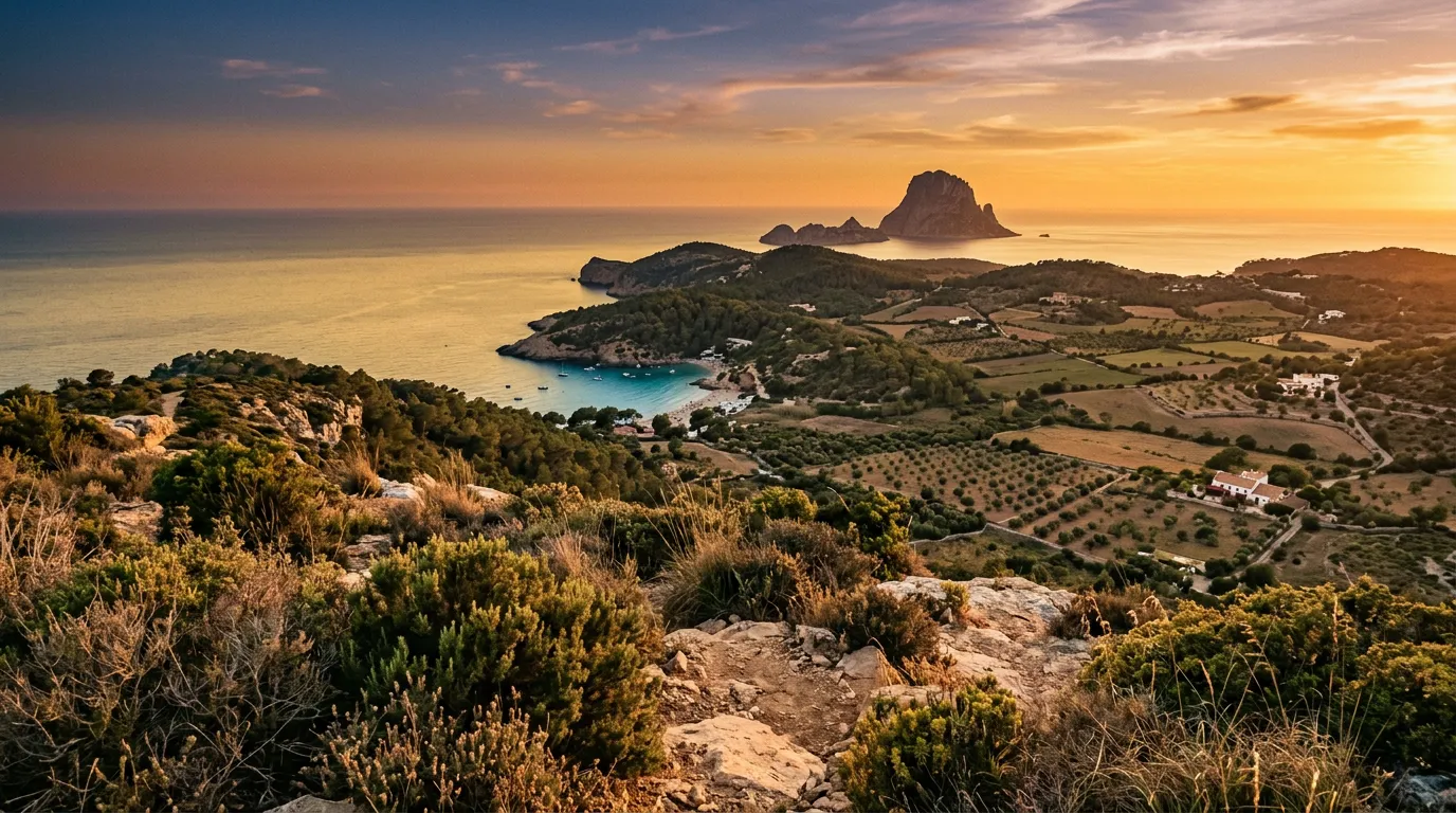 Widok z Sa Talaia na zachód Ibizy, suche krzewy tymianku i rozmarynu w foregroundzie, w dole zatoka Cala Salada i dalej skała Es Vedrà na horyzoncie, pola migdałowe Santa Agnès pomiędzy wzgórzami, golden hour, warm Mediterranean light, sandstone-indigo-terracotta palette, cinematic