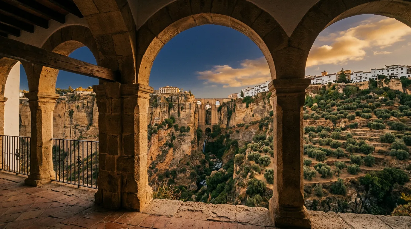Z chłodnej arcady pueblo blanco Ronda widok na Tajo i most Puente Nuevo, oliwki na zboczach, złota godzina, głęboko niebieskie niebo, painterly cinematic, sandstone-indigo-terracotta palette, no text, no watermarks, no people