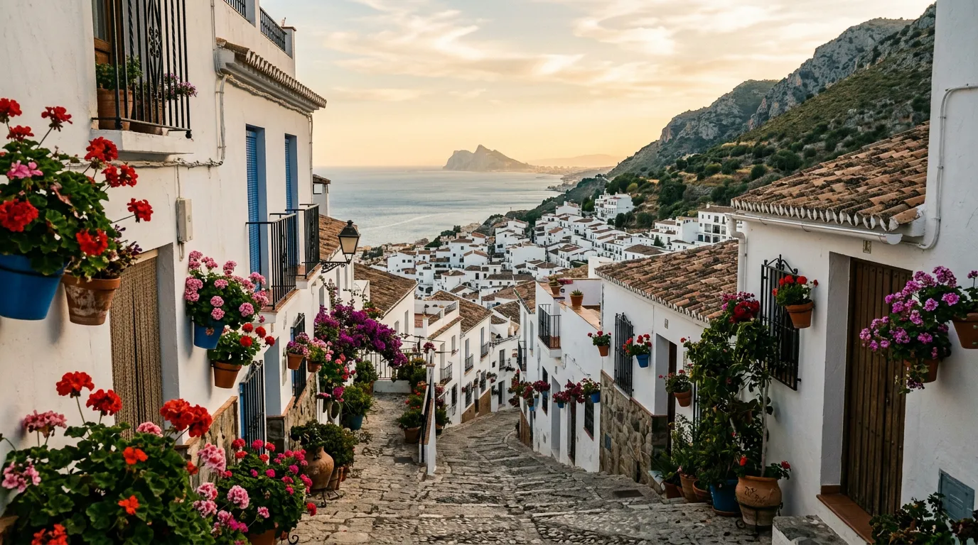 Biała wioska Mijas Pueblo na zboczach Sierra de Mijas, wąskie kamienne uliczki, doniczki z pelargoniami, w tle morze Alborańskie i Gibraltar na horyzoncie, złota godzina, warm Mediterranean light, sandstone-indigo-terracotta palette, cinematic, no text, no watermarks, no people