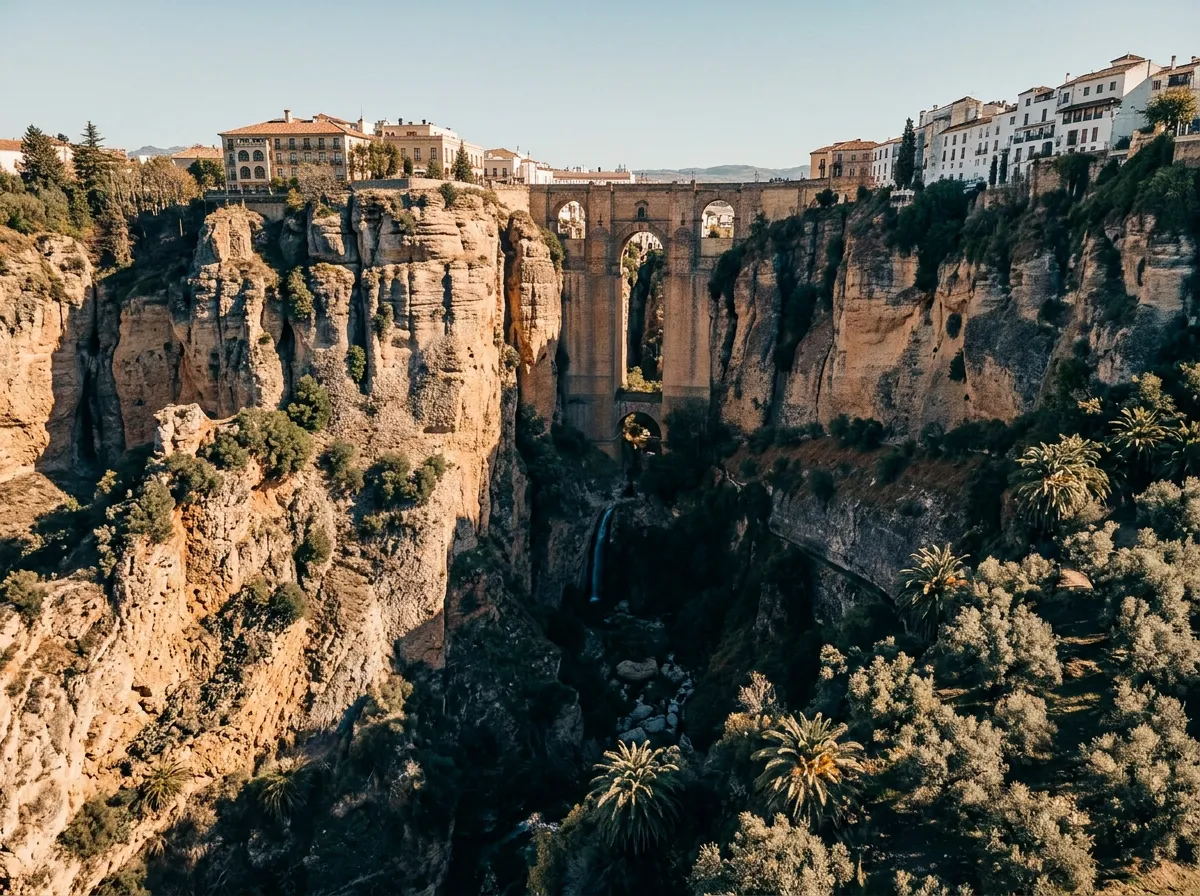 Most Puente Nuevo w Rondzie nad wąwozem Tajo, biała zabudowa pueblo na krawędzi klifu, oliwki i palmy na zboczach, dolina Guadalevín w dole, późne popołudnie, głębokie cienie w wąwozie, warm golden-hour Mediterranean light, sandstone-indigo-terracotta palette, painterly cinematic, no text, no watermarks, no people