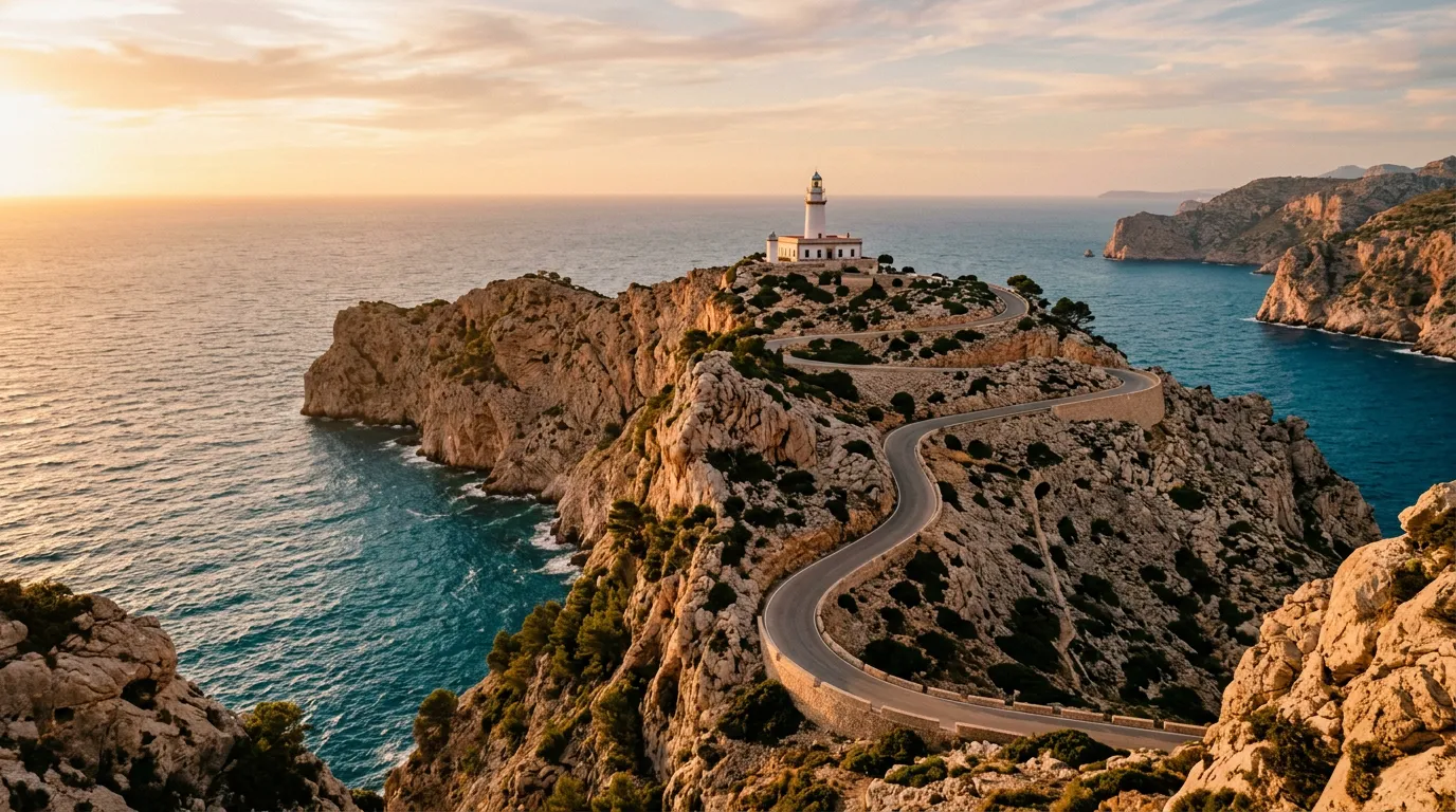 Latarnia Cap de Formentor na krańcu północno-wschodniego cypla Majorki, wapienny klif opadający do turkusowego Morza Balearskiego, sosny alepskie na skałach, droga Ma-2210 serpentynująca w dół, late golden hour, warm Mediterranean light, sandstone-indigo-terracotta palette, cinematic