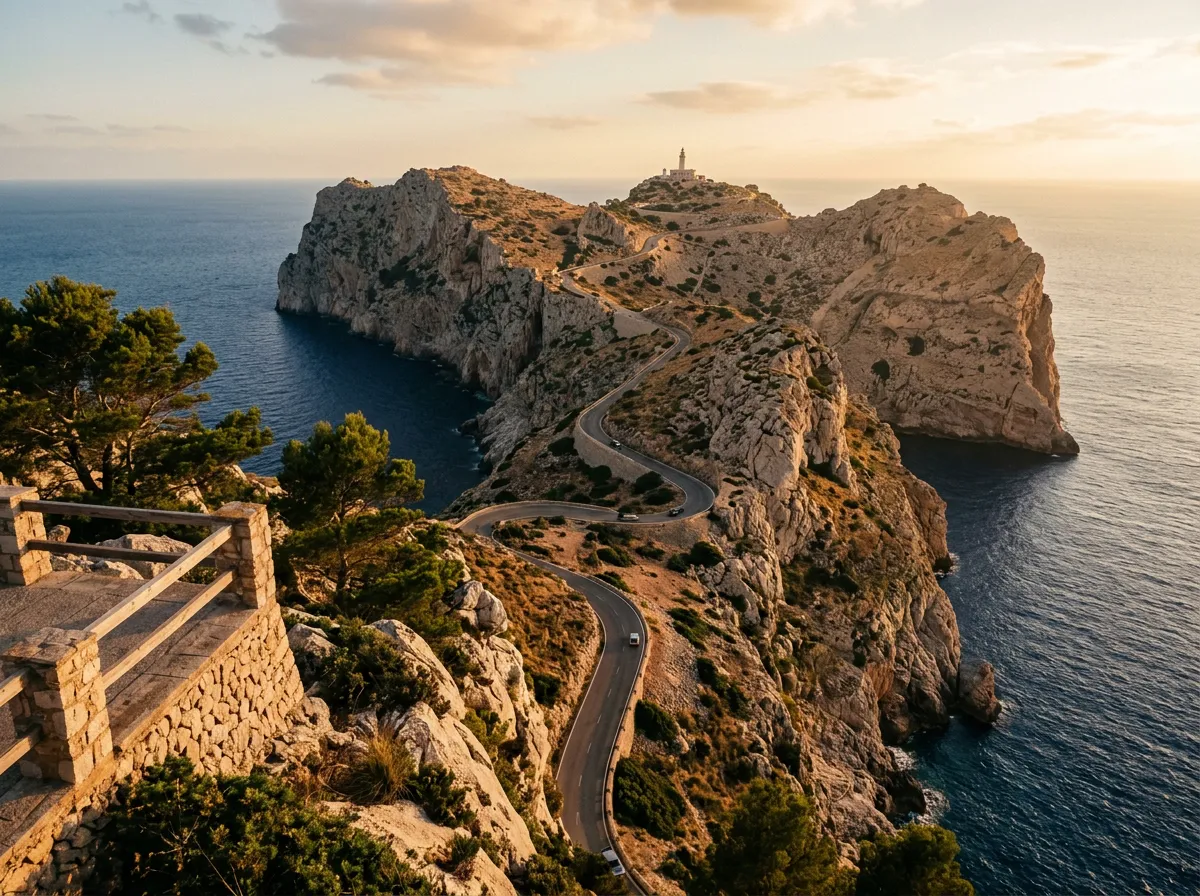 Widok z Mirador Es Colomer na drogę Ma-2210 i wapienne klify Cap de Formentor, Morze Balearskie po obu stronach cypla, sosny alepskie przyklejone do skał, serpentynująca droga w dole, warm golden-hour Mediterranean light, sandstone-indigo-terracotta palette, cinematic