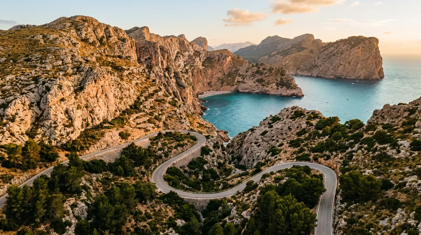Serpentyna Ma-2141 do Sa Calobra na Majorce, droga spiralnie schodząca w dół kanionu Torrent de Pareis, wapienne klify Serra de Tramuntana, sosny alepskie na zboczach, widok z wysoka na zatokę i turkusowe Morze Balearskie, late afternoon light, warm Mediterranean palette, sandstone-indigo-terracotta, cinematic