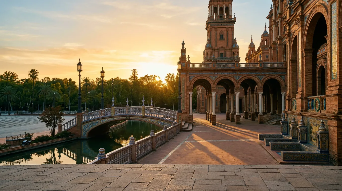 Plaza de España w Sewilli o wczesnym poranku, ceglana fasada z turkusowymi płytkami ceramicznymi, most nad kanałem, cienie kolumnady w kontrze do słońca wschodzącego nad parkiem María Luisa, warm golden-hour Andalusian light, sandstone-indigo-terracotta palette, cinematic