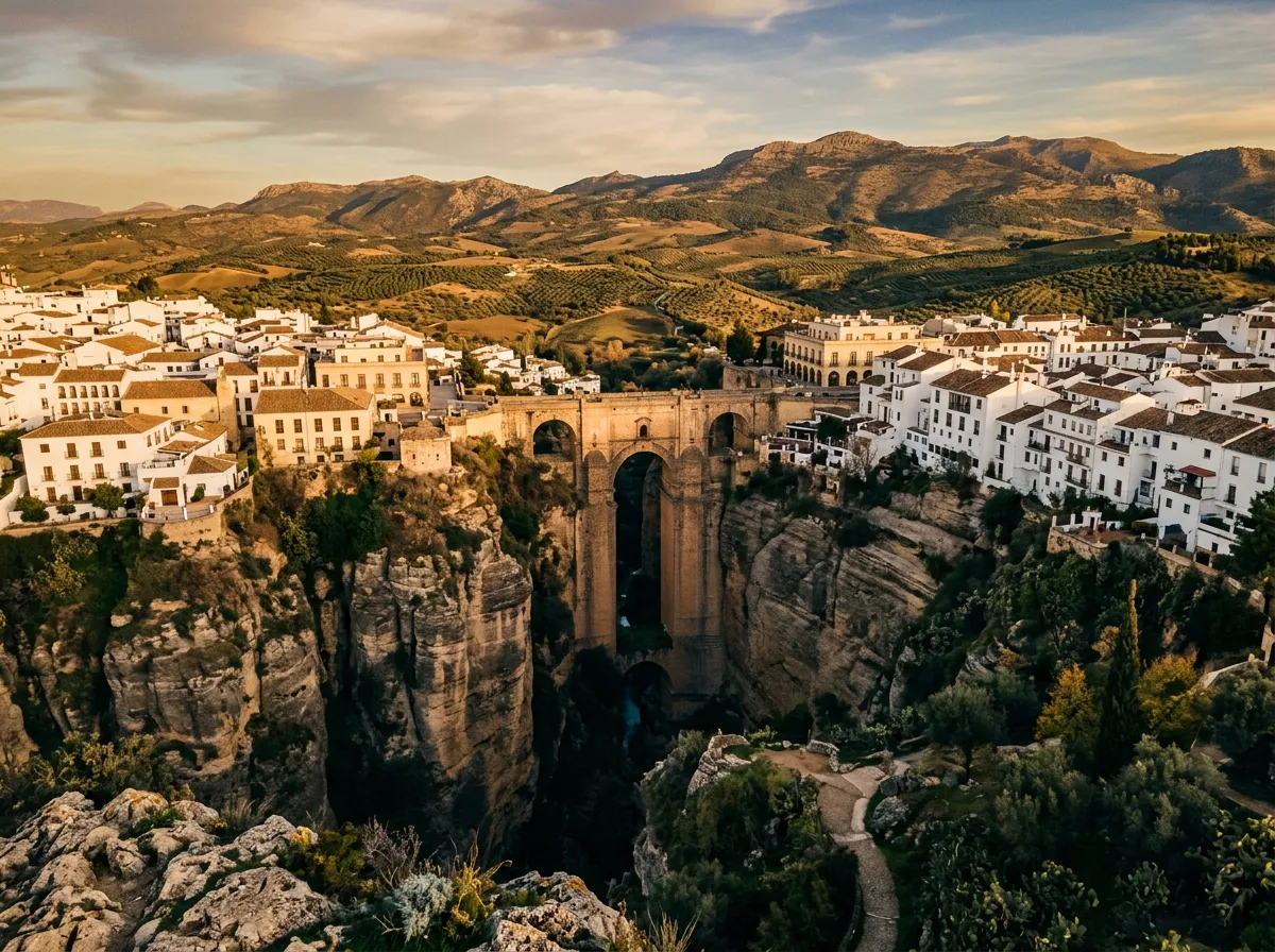 Most Puente Nuevo w Rondzie nad wąwozem Tajo, biała zabudowa pueblo na krawędzi klifu, oliwkowe sady na zboczach Sierra de Grazalema, późne popołudnie, głębokie cienie w wąwozie, warm golden-hour Mediterranean light, sandstone-indigo-terracotta palette, cinematic