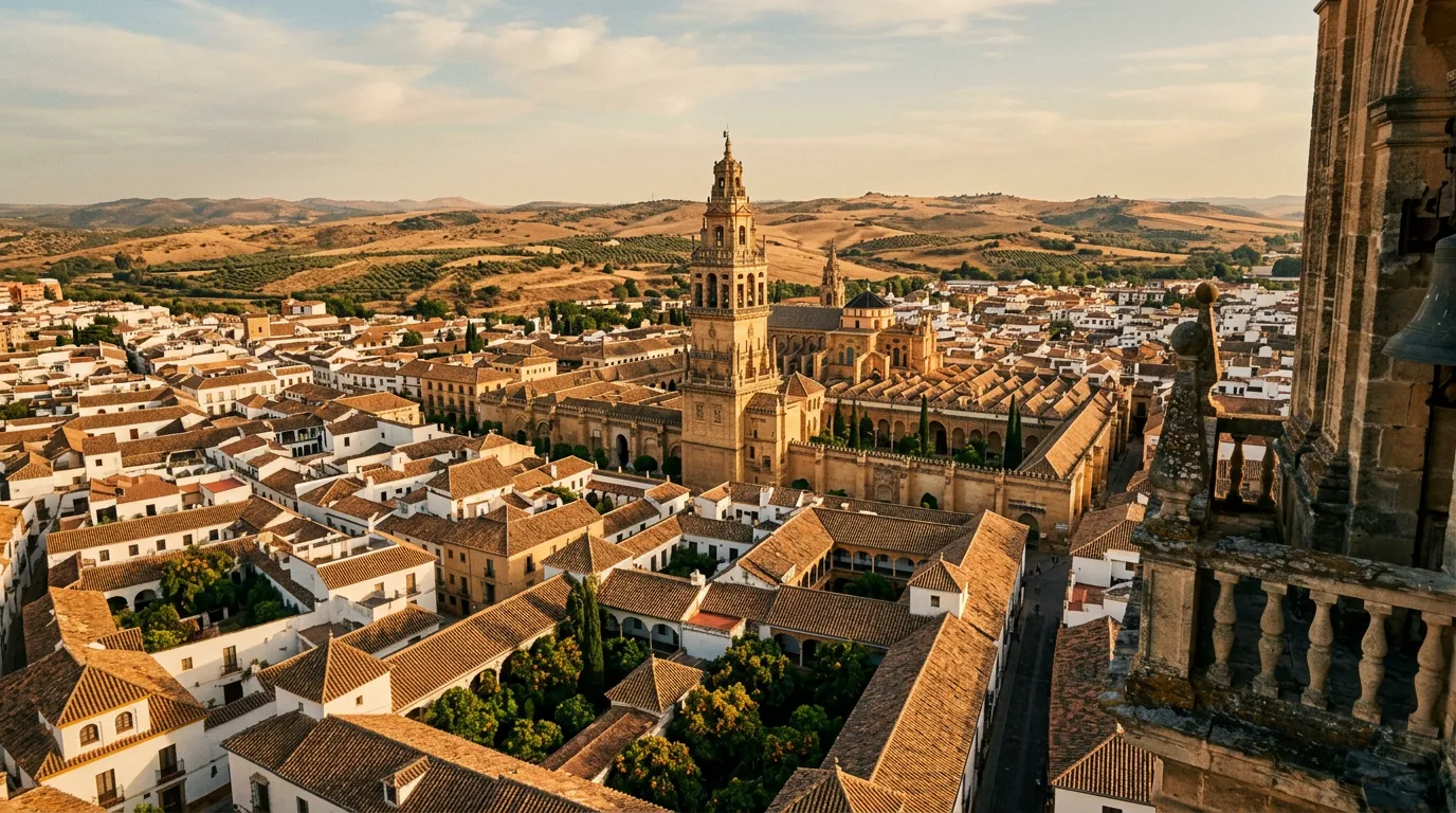Dachy starego miasta Kordoby widziane z dzwonnicy Mezquity, pomarańczowa ceramika, wewnętrzne dziedzińce z pomarańczowymi drzewami, wieża katedralna w centrum, horyzont wypełniony suchymi wzgórzami Andaluzji, warm Mediterranean light, sandstone-indigo-terracotta palette, cinematic