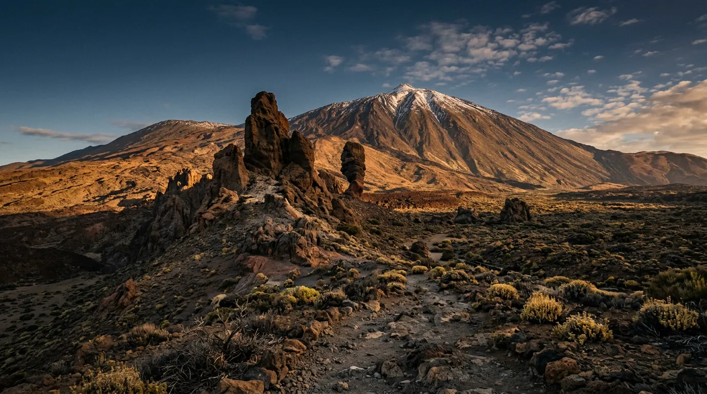 Roques de García w Parku Narodowym Teide, wulkaniczne iglice bazaltowe na tle stożka wulkanu Teide, płaskowyż Las Cañadas ze stwardniałą lawą i rozproszonymi kępami mchów, late afternoon, głębokie cienie na kalderze, warm golden-hour volcanic light, sandstone-indigo-terracotta palette, cinematic
