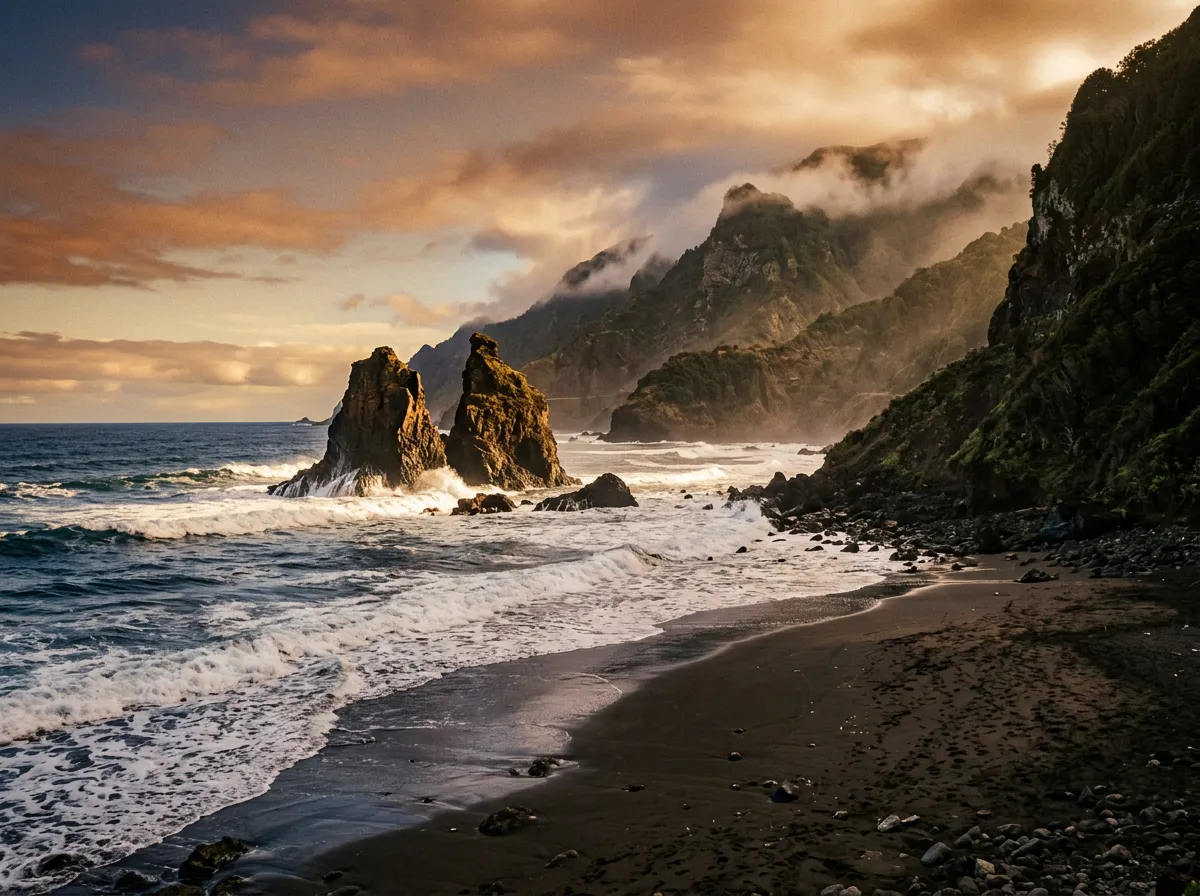 Plaża Benijo w północno-wschodnim Anaga, czarny wulkaniczny piasek, bazaltowe skały Roques de Anaga wyłaniające się z Atlantyku, mglisty las laurowy na zboczach nad plażą, warm late afternoon light, sandstone-indigo-terracotta palette, cinematic