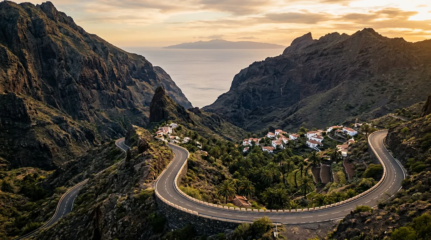 Serpentyna TF-436 prowadząca do wioski Masca w kraterze wulkanicznym Teneryfy, wąska droga wijąca się między bazaltowymi iglicami, palmy kanaryjskie w dole doliny, Atlantyk w tle, late afternoon light, warm golden-hour Canary light, sandstone-indigo-terracotta palette, cinematic