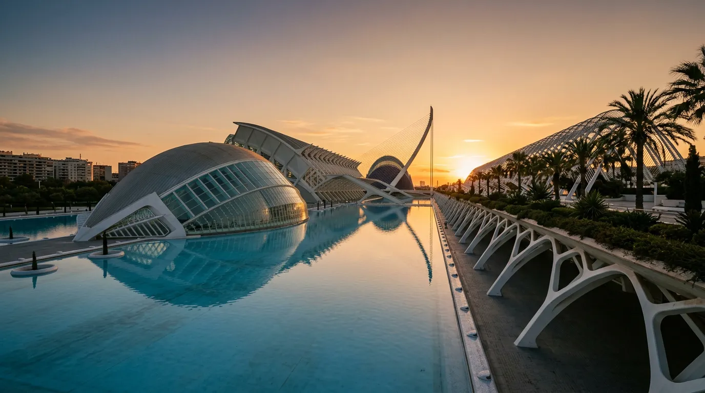Ciudad de las Artes y las Ciencias w Walencji o zachodzie słońca, futurystyczne białe konstrukcje Santiago Calatravy odbijające się w błękitnych basenach, Palmeras wzdłuż Turia parku, warm golden-hour Mediterranean light, sandstone-indigo-terracotta palette, cinematic