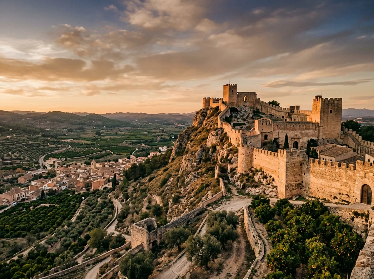 Zamek w Xàtivie na grzbiecie wzgórza nad doliną Walencji, starożytne wapienne mury w późnopopołudniowym świetle, gaje oliwne i sady pomarańczowe w dolinie poniżej, warm Mediterranean light, sandstone-indigo-terracotta palette, cinematic