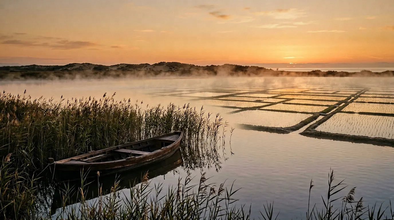 Pola ryżu w Parku Natury Albufera o świcie, tradycyjna łódka albuferenca wśród trzcin, mgła unosząca się nad jeziorem, horyzont z wydmami El Saler w tle, warm Mediterranean light, sandstone-indigo-terracotta palette, cinematic
