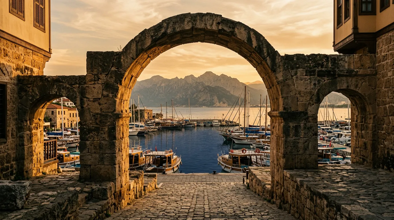 Kamienny łuk osmański w Kaleiçi w foreground, za nim widok na marina z łodziami rybackimi i Taurusa w tle, późne popołudnie, paleta piaskowca i indigo, spokojne morze, cinematic, painterly Mediterranean light, no text, no watermarks