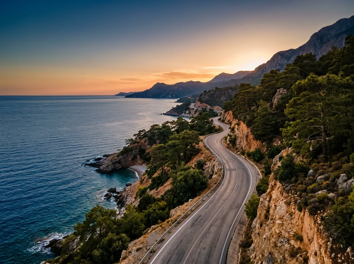 Wąska droga D400 wijąca się nad morzem w okolicy Phaselis, sosny lykijskie na klifach po prawej, spokojne Morze Śródziemne po lewej, wczesny wieczór, złote światło schodzące do indigo, sandstone-indigo-terracotta palette, cinematic, no text, no watermarks