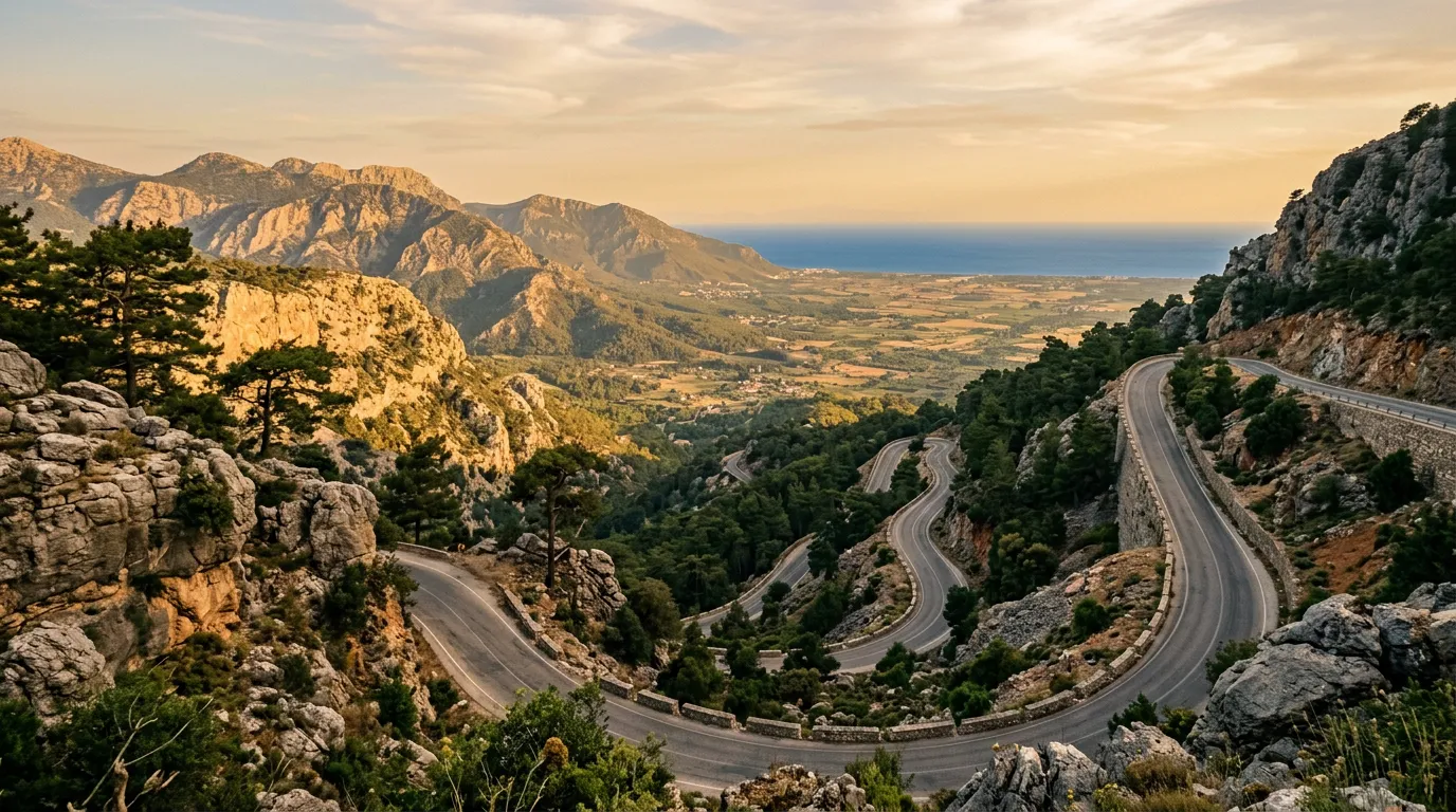 Serpentyna D350 do Termessos, sosny pinie na zboczach Taurusu, kamienny wąwóz w foreground, widok w dół na równinę antalyjską i morze w tle, późne popołudnie, Mediterranean warm light, sandstone-indigo-terracotta palette, cinematic, no text, no watermarks