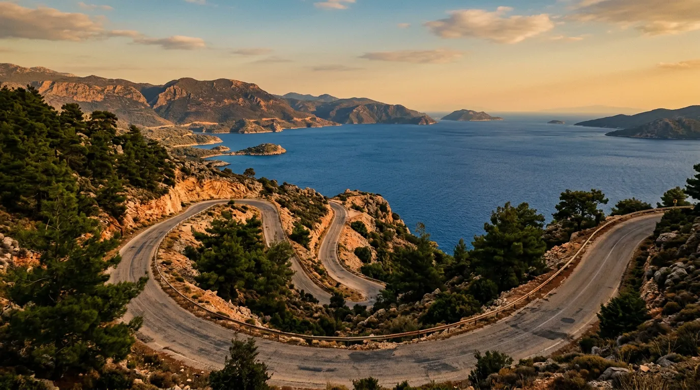 Widok z drogi D555 na zatokę Gökova, głębokie indigo morza, sosny pinie na klifach, wąska droga zjeżdżająca w serpentynach, późne popołudnie, złote światło, sandstone-indigo-terracotta palette, painterly cinematic Mediterranean, no text, no watermarks