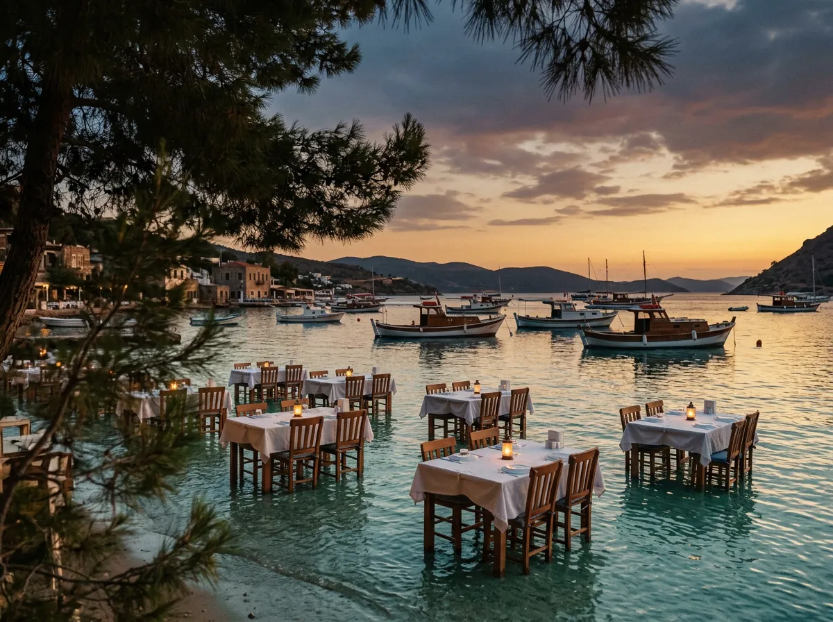 Stoły restauracji w Gümüşlük stojące w płytkiej wodzie zatoki, sosny w foreground, łódki rybackie zakotwiczone dalej, późny wieczór, światło latarni na stołach, sandstone-indigo-terracotta palette, painterly cinematic Mediterranean, no text, no watermarks