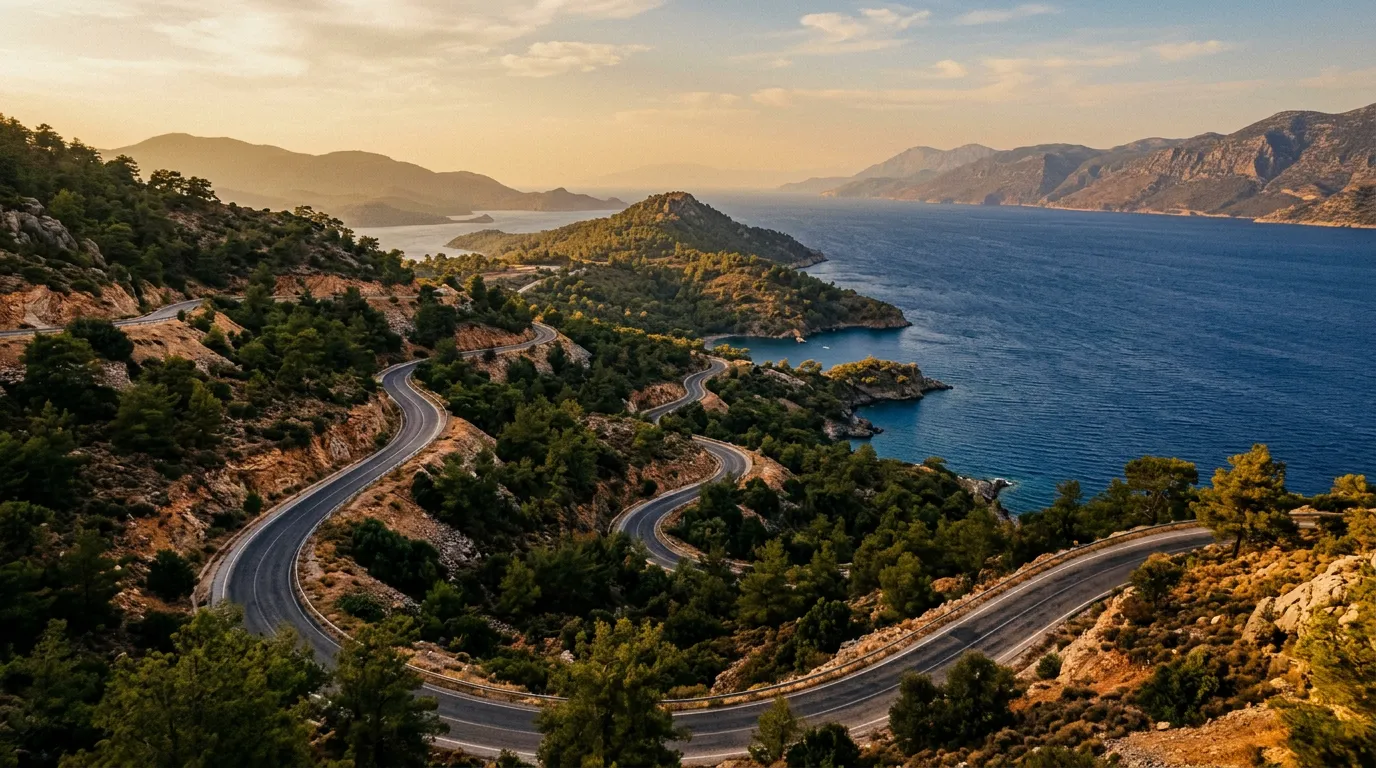 Serpentyna D555 na półwyspie Datça, sosny pinie na zboczach, zatoka Gökova w tle z głębokim indigo, wąska droga wijąca się w kierunku końca półwyspu, późne popołudnie, złote światło, sandstone-indigo-terracotta palette, painterly cinematic Mediterranean, no text, no watermarks