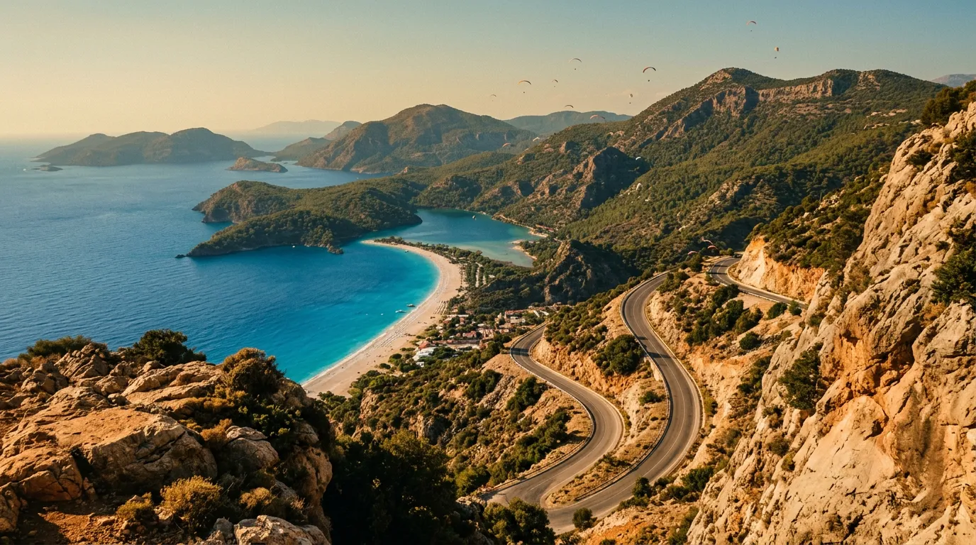 Widok z punktu widokowego nad laguną Ölüdeniz, droga D400 zjeżdżająca w serpentynach do plaży, turkusowa woda i biała plaża w tle, parapenty startujące z Babadağ, późne popołudnie, sandstone-indigo-terracotta palette, painterly cinematic Mediterranean, no text, no watermarks