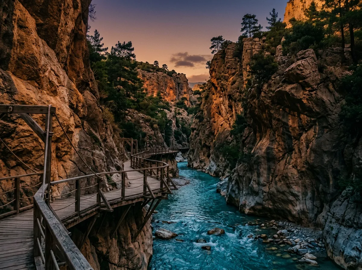 Kanion Saklıkent z drewnianą platformą nad turkusową wodą, strome kamienne ściany po bokach, sosny na szczytach, wczesny wieczór, ciepłe światło zachodzące do indigo, sandstone-indigo-terracotta palette, painterly cinematic Mediterranean, no text, no watermarks