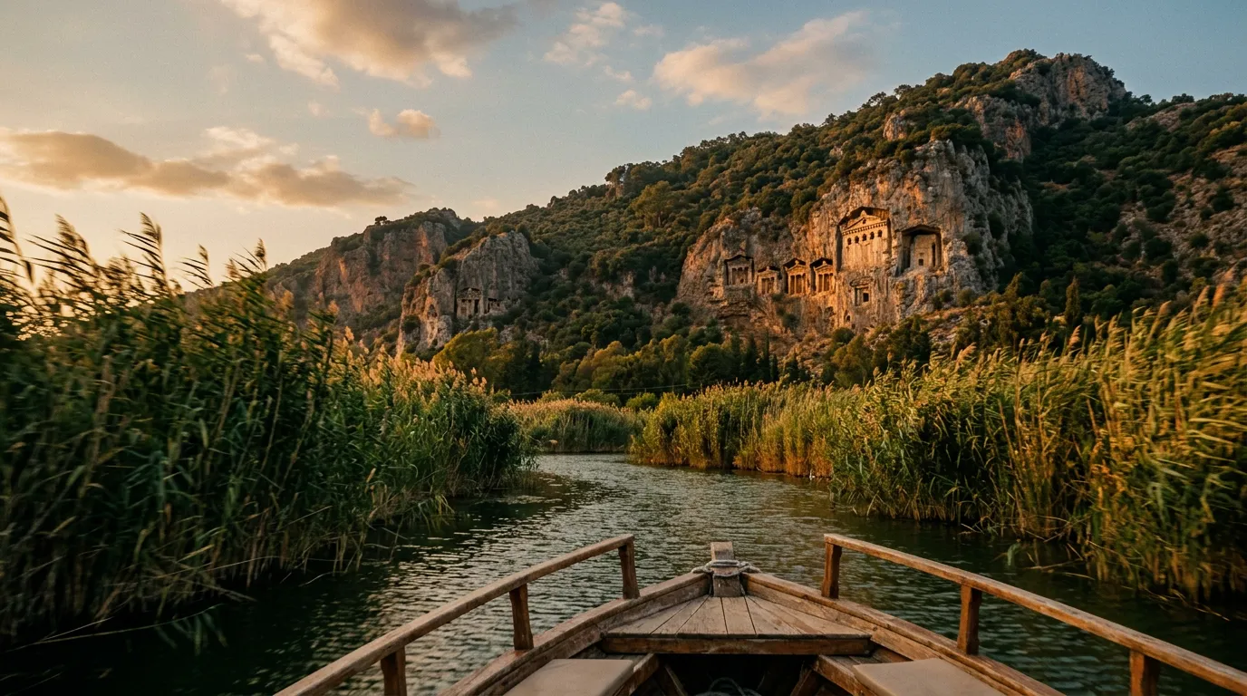 Delta rzeki Dalyan z lykijskimi grobowcami wykutymi w skale, widok z łódki płynącej wśród trzcin, kamienne fasady grobowców w tle, wczesny wieczór, sandstone-indigo-terracotta palette, painterly cinematic Mediterranean light, no text, no watermarks