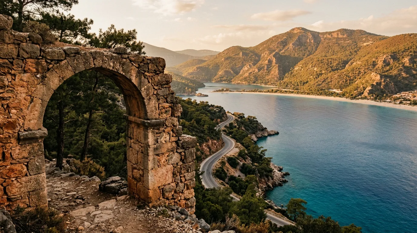 Kamienny łuk osmański we foreground, za nim widok na serpentynową drogę D400 nad zatoką Oludeniz, sosny lykijskie na klifach, późne popołudnie, spokojne morze Egejskie w złotym świetle, sandstone-indigo-terracotta palette, painterly cinematic, no text, no watermarks, no people