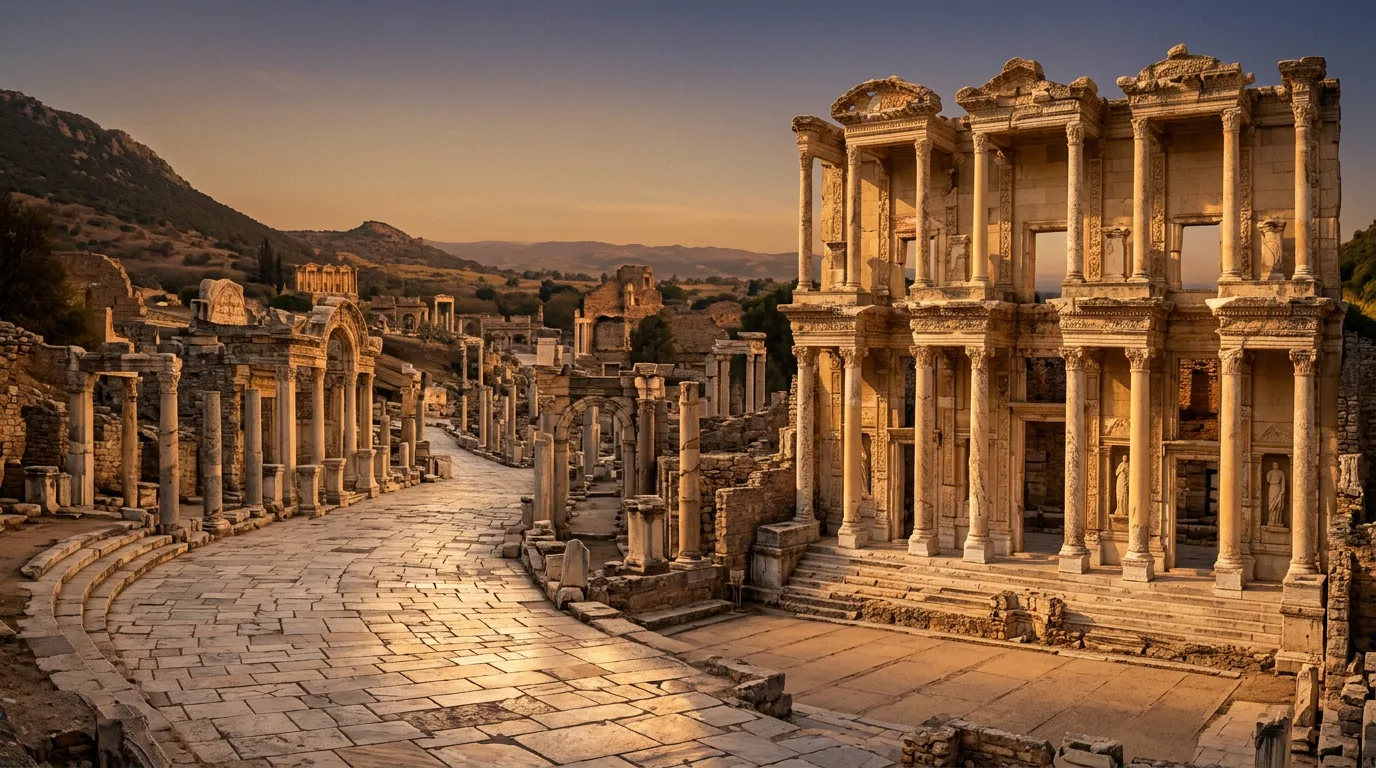 Biblioteka Celsusa w Efezie w foreground, szeroka marmurowa ulica Kuretes, ruiny kolumn i fasad rozciągające się w tle, późne popołudnie, ciepłe światło na wapieniu, paleta piaskowca i indigo, painterly cinematic Mediterranean, no text, no watermarks