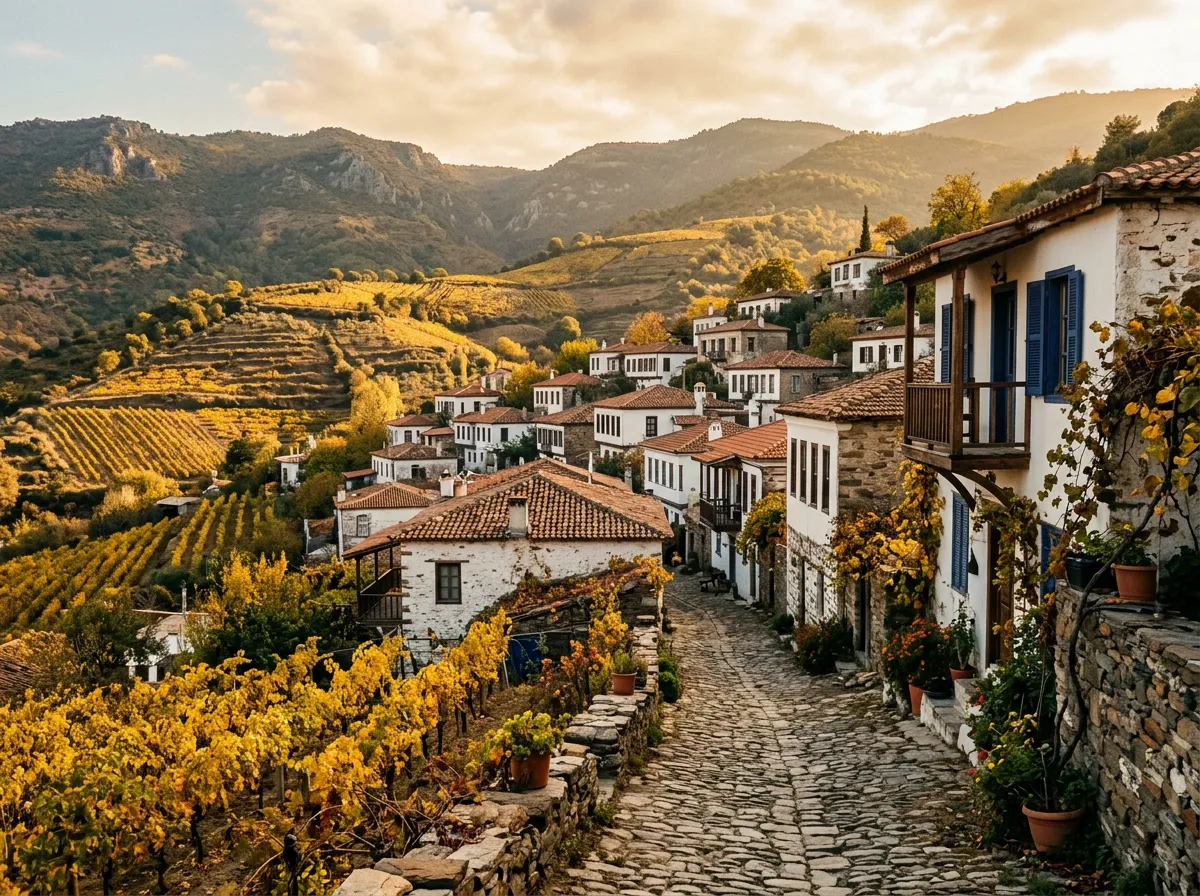 Wioska Şirince w górach z białymi domkami i winnicami na zboczach, wąskie brukowane uliczki z kamiennymi murkami, późne popołudnie w październiku, żółte liście winorośli, sandstone-indigo-terracotta palette, painterly cinematic Mediterranean, no text, no watermarks