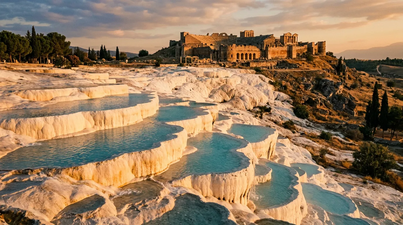 Białe trawertynowe tarasy Pamukkale z ciepłą wodą ściekającą po kamiennych basenach, ruiny Hierapolis na wzgórzu w tle, późne popołudnie, ciepłe światło na wapiennych ścianach, sandstone-indigo-terracotta palette, painterly cinematic Mediterranean, no text, no watermarks