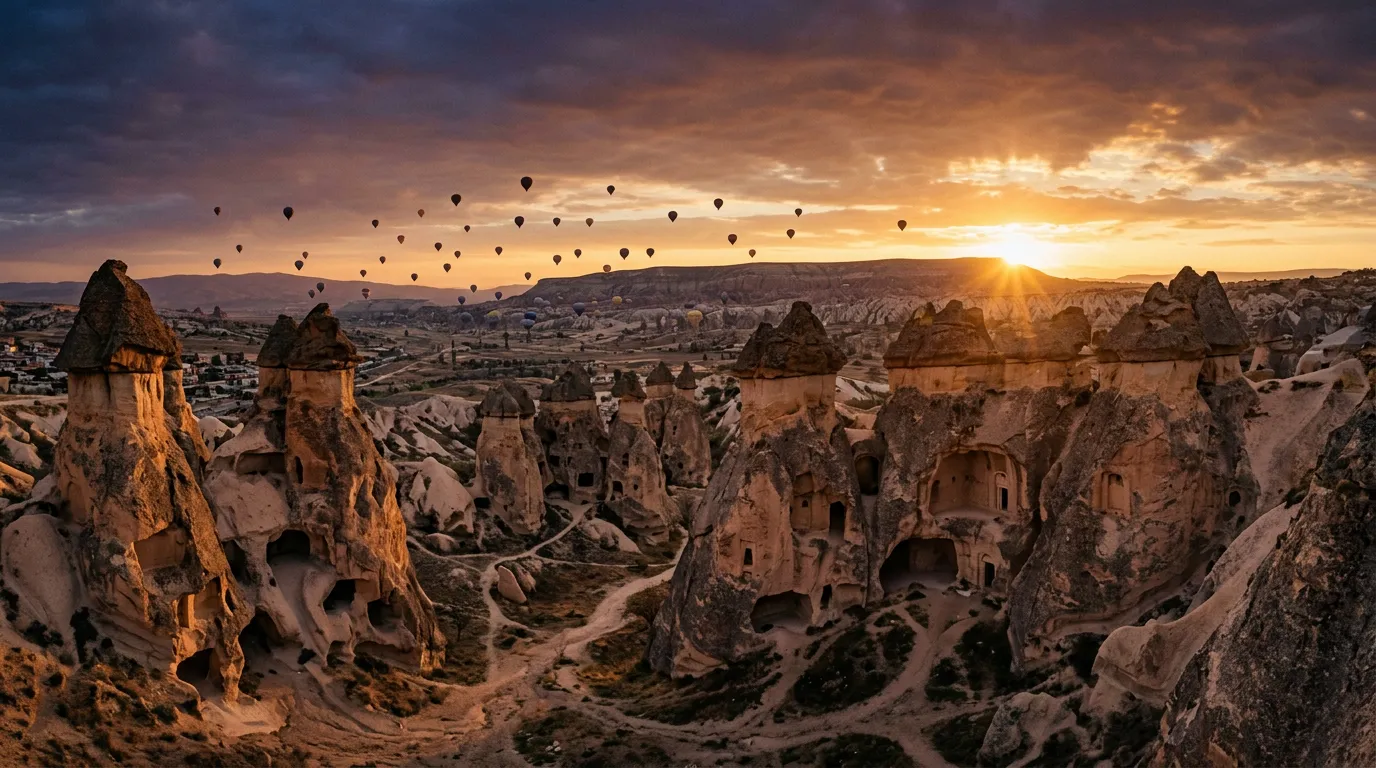 Tufowe kolumny "grzybów skalnych" w dolinie Paşabağ przy Göreme, księżycowy krajobraz z wydrążonymi w skale oknami, balony w tle nad horyzontem, wczesny ranek, ciepłe światło pierwszych promieni, sandstone-indigo-terracotta palette, painterly cinematic Mediterranean Anatolian, no text, no watermarks