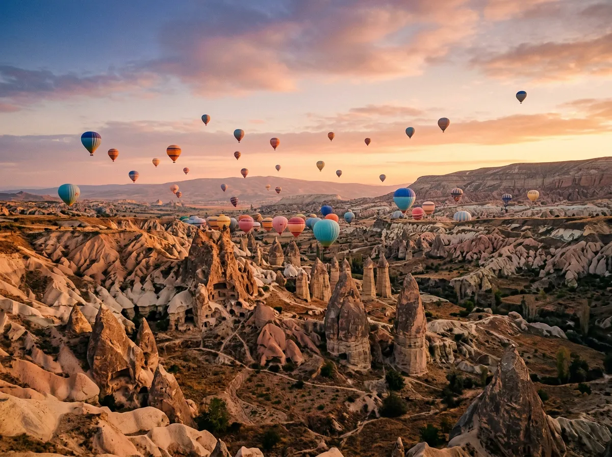 Balony nad doliną Göreme o wschodzie słońca, dziesiątki kolorowych balonów unoszących się nad tufowymi formacjami i "grzybami skalnymi", ciepłe poranne światło, pastelowe kolory balonów kontrastujące z beżowym krajobrazem, sandstone-indigo-terracotta palette, painterly cinematic Mediterranean Anatolian, no text, no watermarks