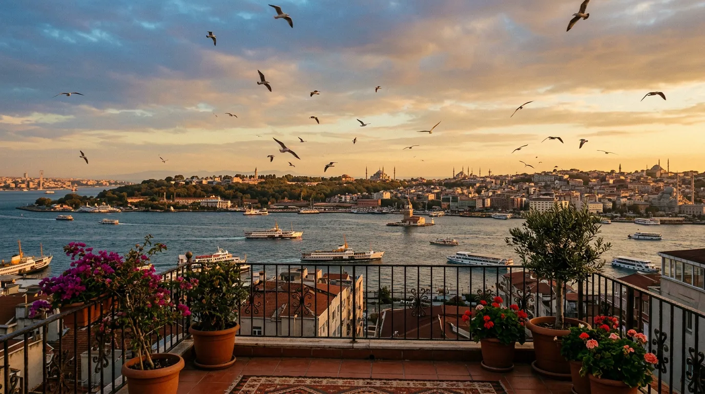 Widok z tarasu w dzielnicy Beyoğlu na Bosfor i azjatycką stronę Stambułu, mewy w powietrzu, promy kursujące po wodzie, późne popołudnie, sandstone-indigo-terracotta palette, painterly cinematic Mediterranean light, no text, no watermarks