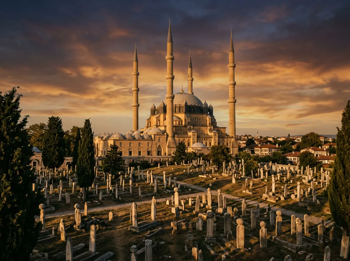 Meczet Selimiye Camii w Edirne o późnym popołudniu, cztery minarety wbijające się w niebo, ciepłe światło na kamiennych ścianach, puste cmentarze osmańskie w foreground, sandstone-indigo palette, painterly cinematic Mediterranean, no text, no watermarks
