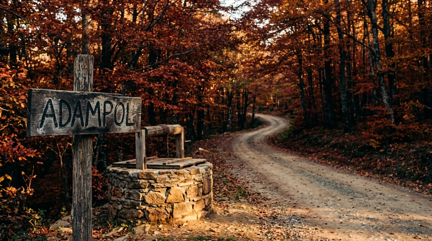 Polska wiejska droga w Polonezköy przez las liściasty, czerwone liście buków jesienią, niska kamienna studnia, drewniany szyld "Adampol" w foreground, późne popołudnie, sandstone-indigo-terracotta palette, cinematic Mediterranean autumn, no text, no watermarks